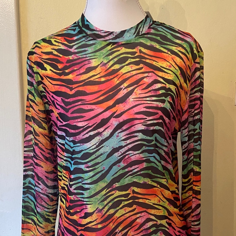 Rainbow Zebra-Print Long Sleeve Top y2k mesh top womens medium 80s 90s festival